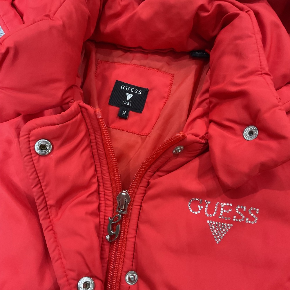 Guess Kids Red Puffer Jacket Rhinestone Logo Hooded Quilted Coat 8 J64L50W7S1A